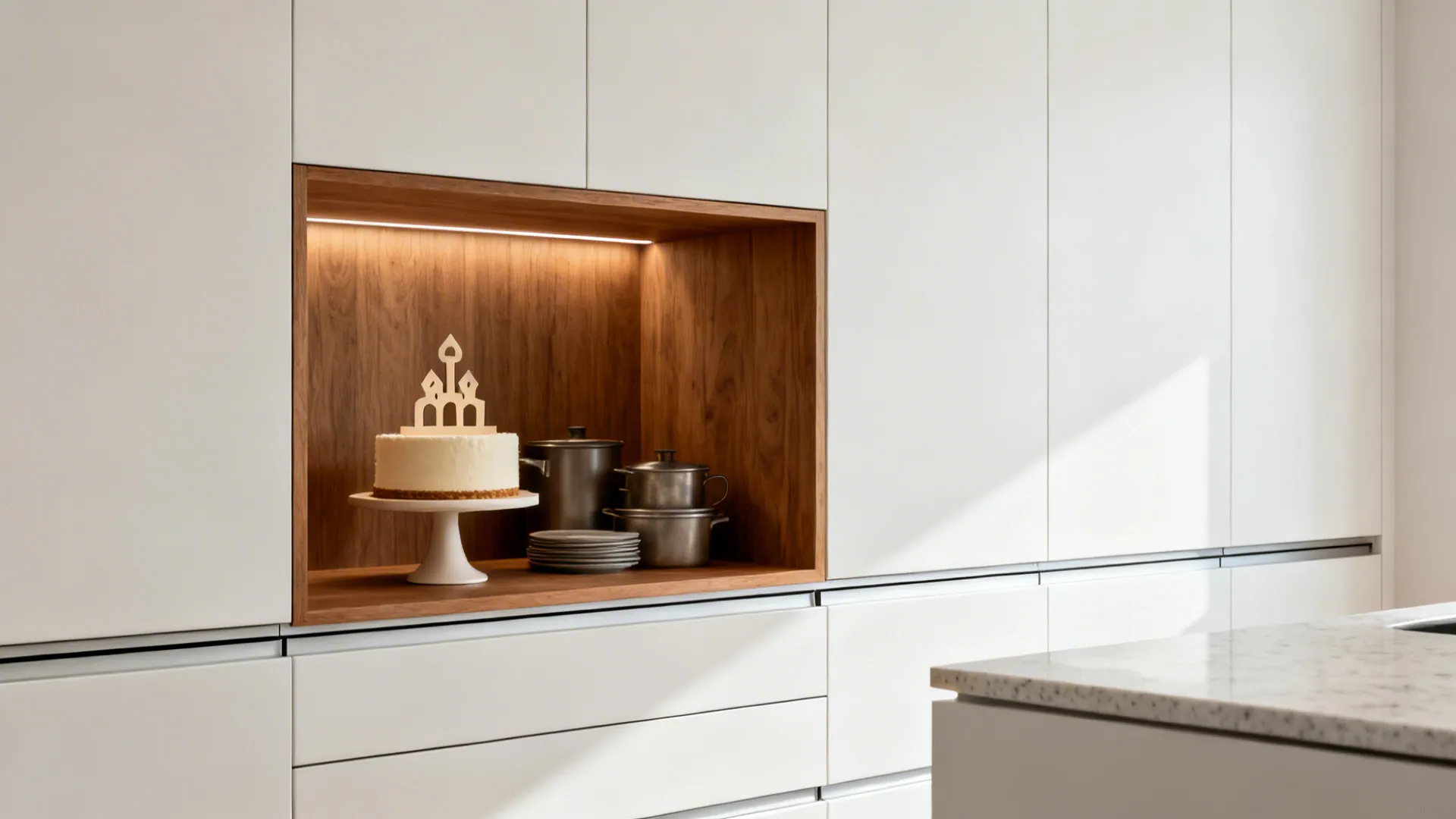 Handleless white cabinets with a warm oak niche displaying a cake stand and bakeware.