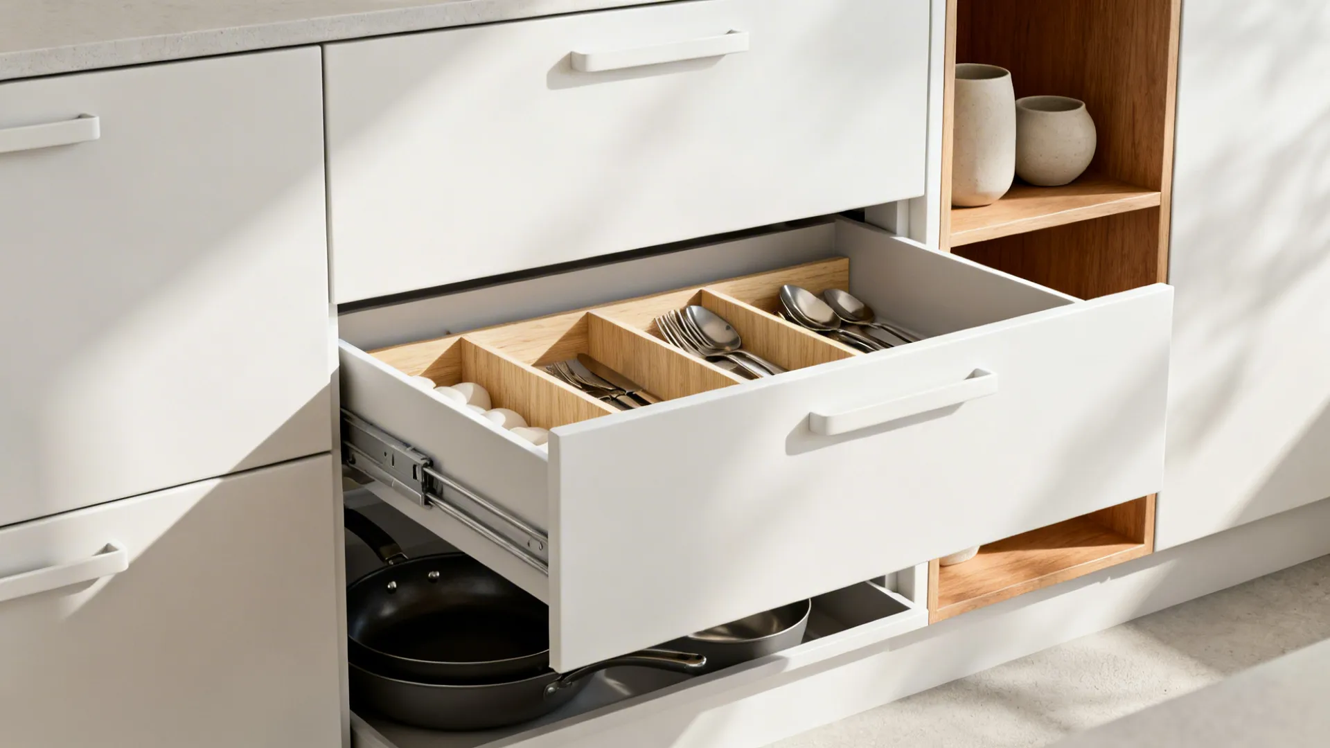 Macro view of flat-panel white cabinets with organized full-extension drawers and wood dividers.