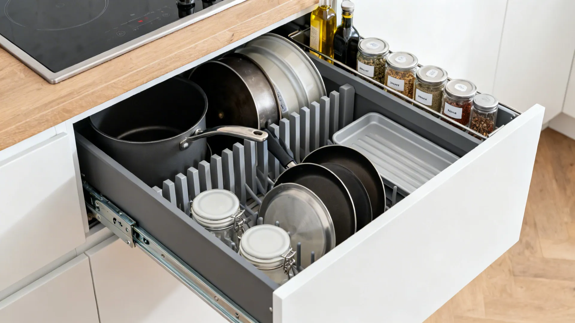 Macro view of full-extension kitchen drawers with dividers and a slim spice pull-out.