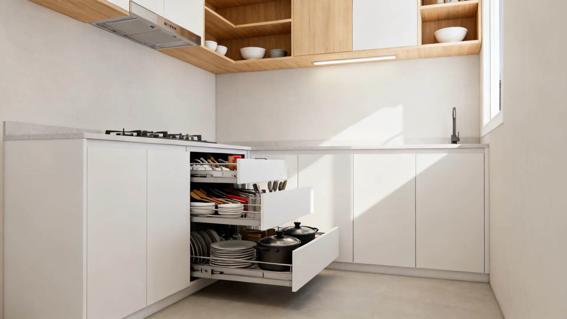 Minimalist small kitchen with matte white cabinets and deep drawer bank organized by tiers.
