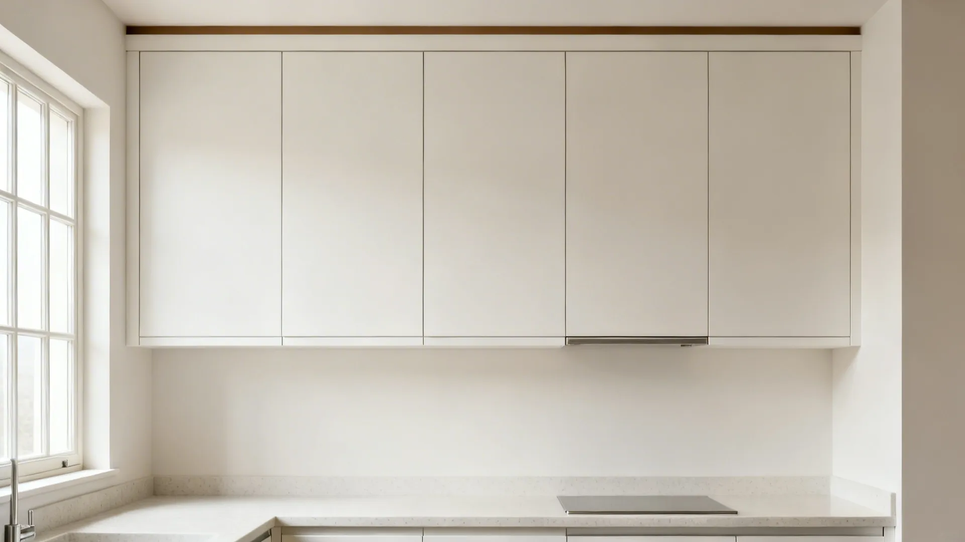 Minimalist kitchen elevation with aligned flat-panel upper cabinets and a clean reveal line.