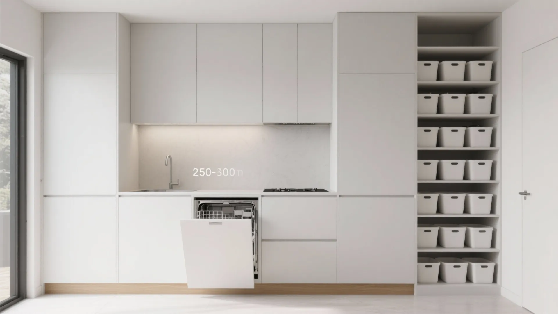 White kitchen cabinets with open dishwasher sink stove and tall side shelf holding many bins