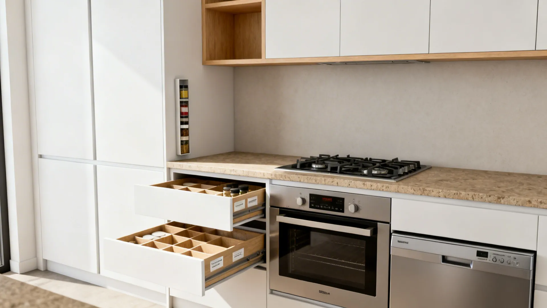 Modern white kitchen cabinets featuring open wooden drawers with spice jar organizers near metal oven