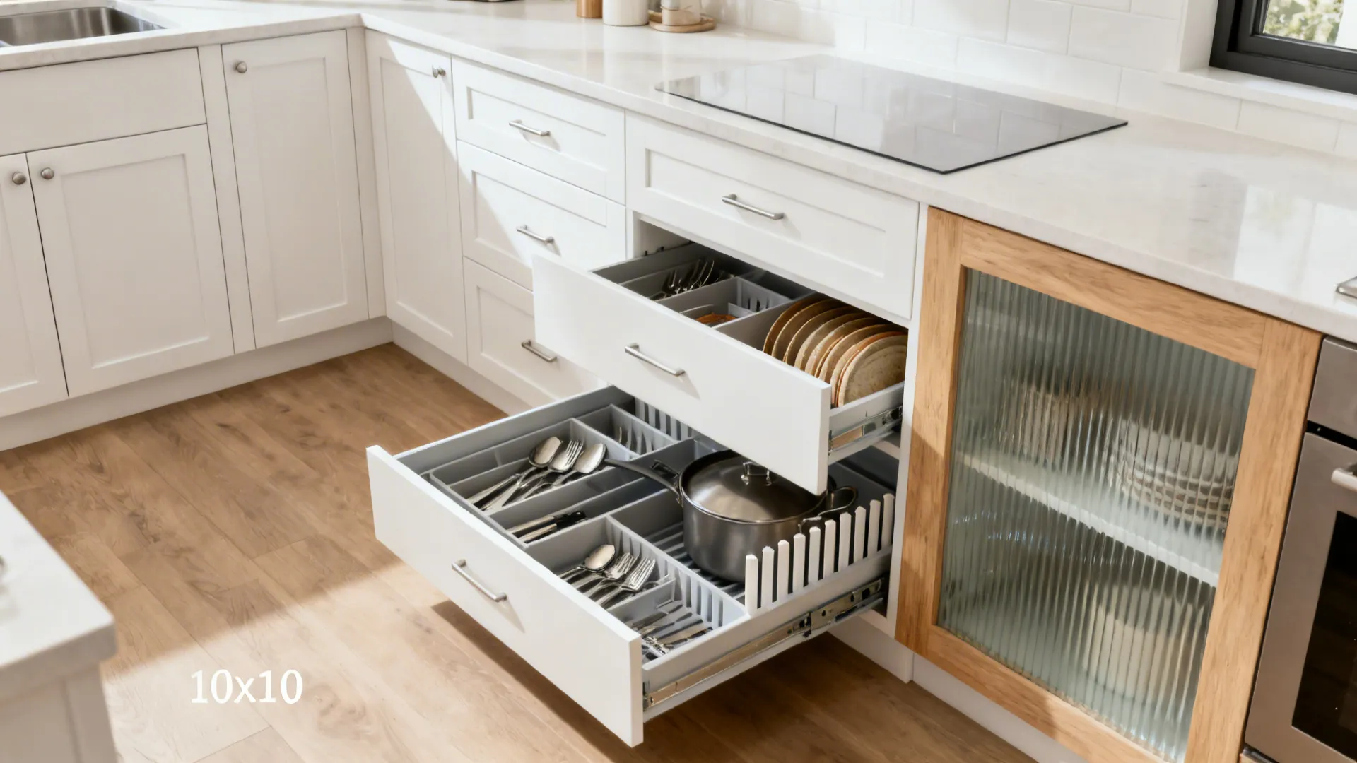 Minimalist modular kitchen with slim shaker fronts and organized deep drawers.