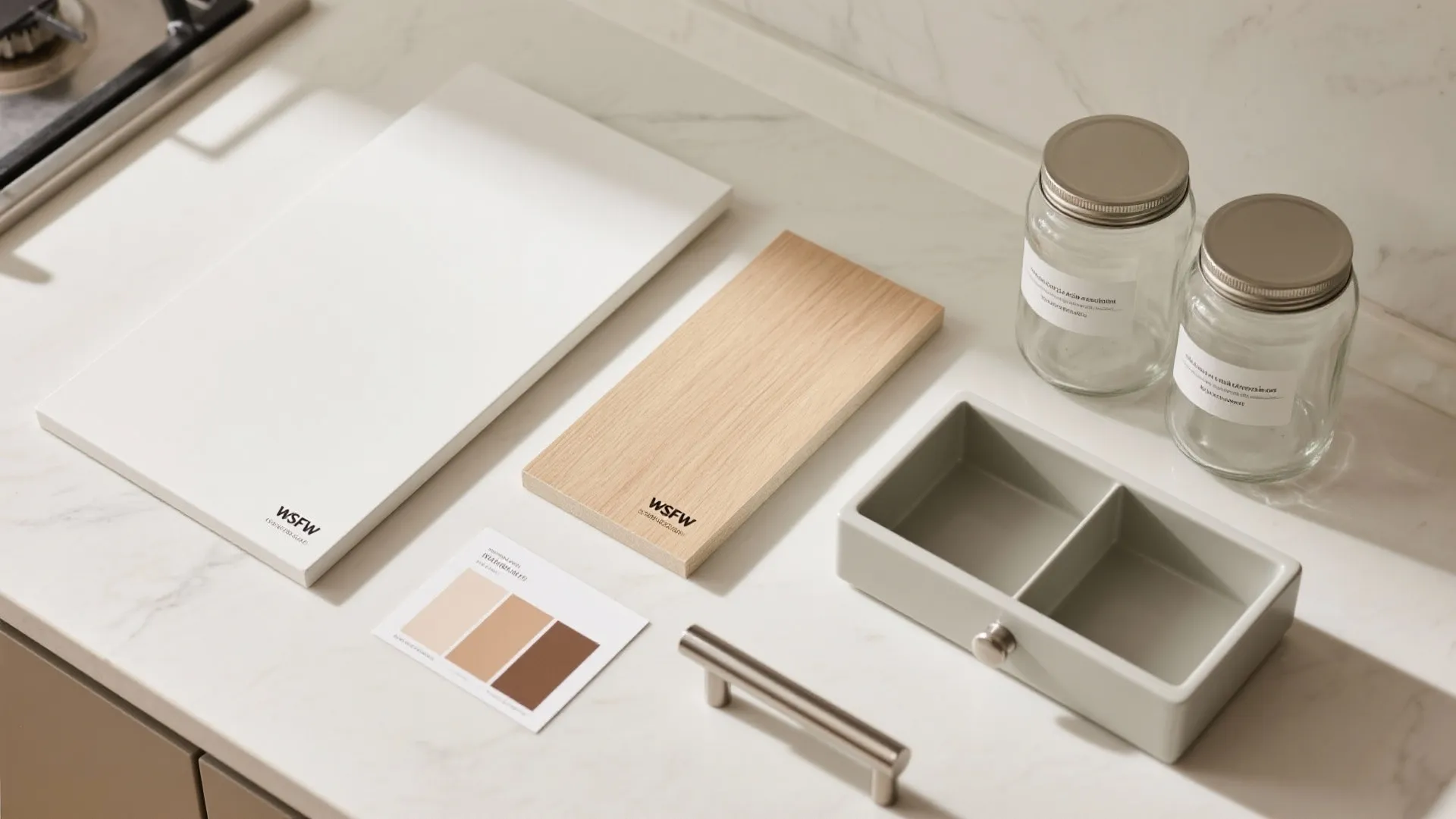 Top-down flat lay of matte white, light oak, stainless, and glass jar materials for minimalist storage.