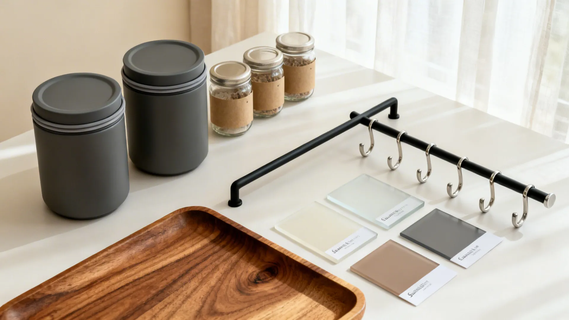 Kitchen storage containers with glass jars and black hanging rack on a clean white desk surface