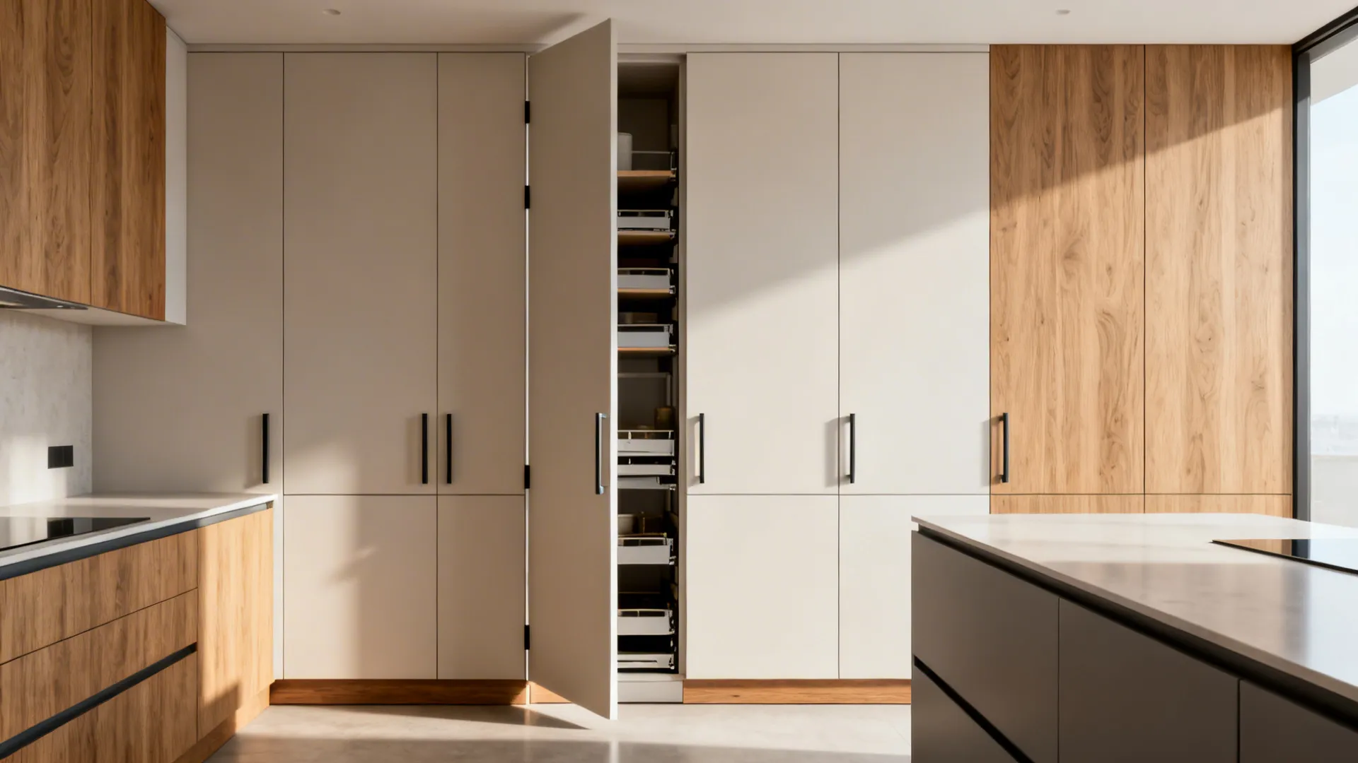 Minimalist compact kitchen with slim uppers, pull-out pantry, and continuous toe-kick.
