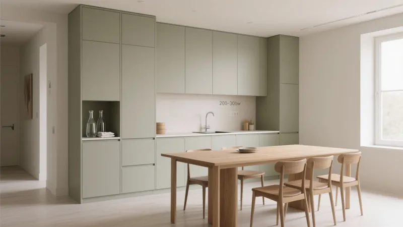 Sage Green Kitchen with Wood Dining Table – Modern & Functional Design