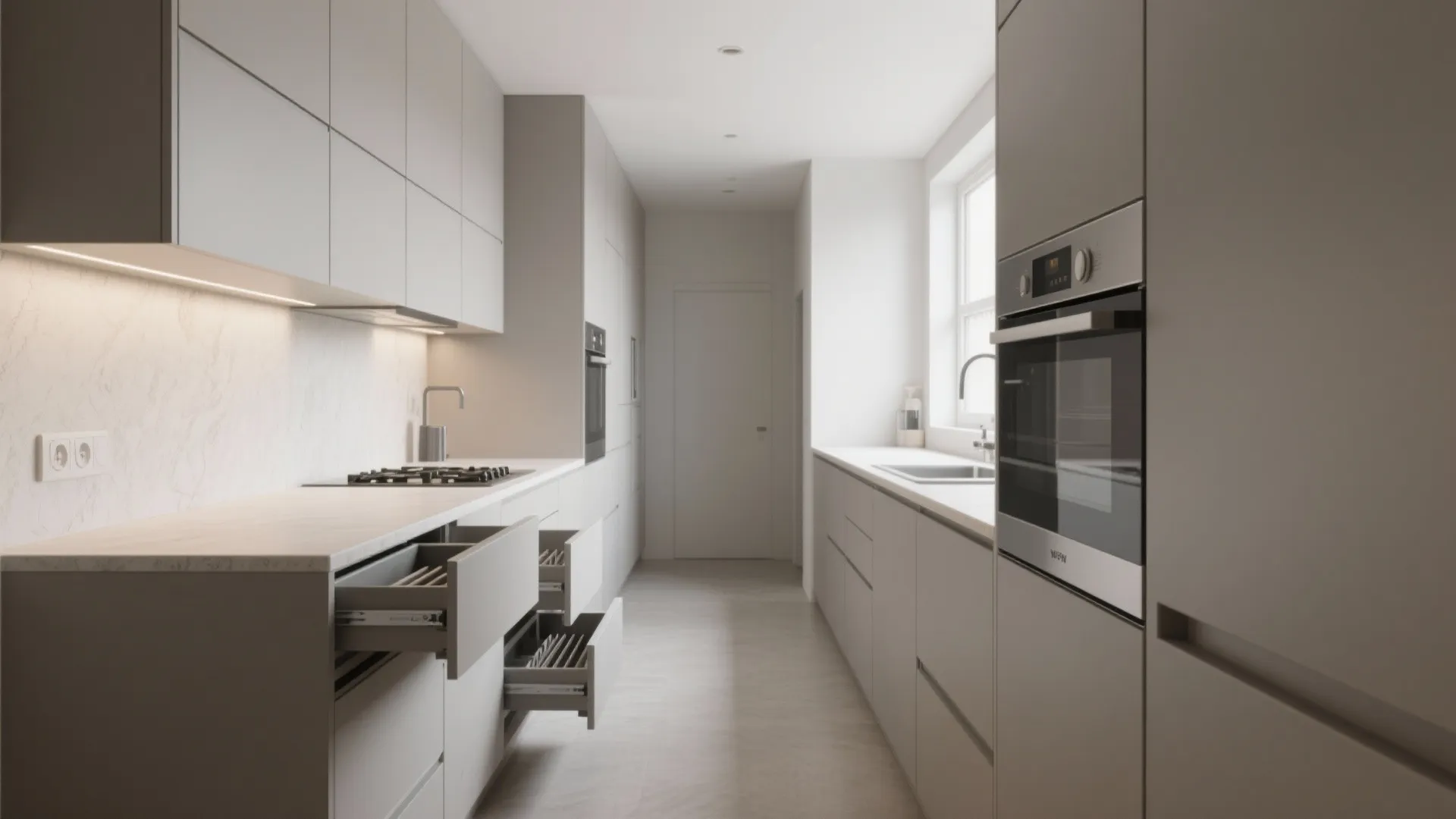 Minimalist kitchen storage that respects scale