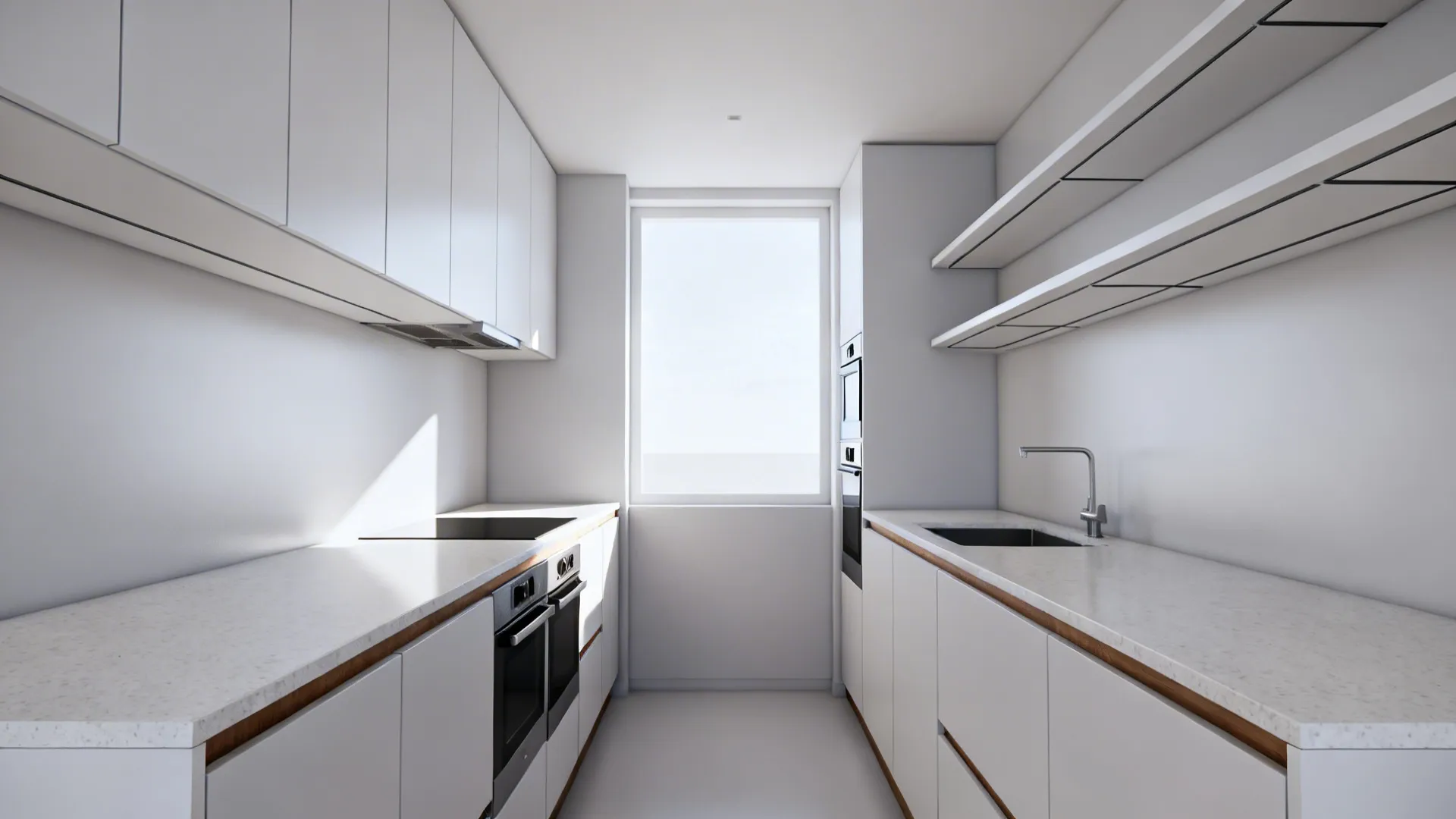 Minimal-storage small galley kitchen with clean base units and open shelves