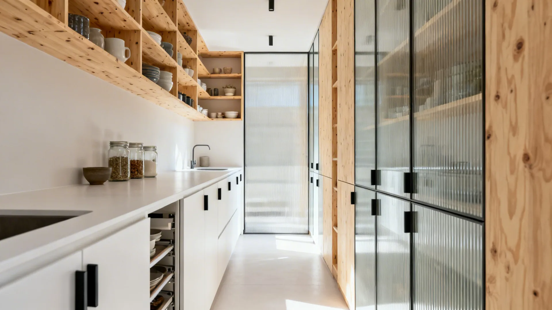 Minimalist galley kitchen with birch open shelves and white matte lower cabinets maximizing light.