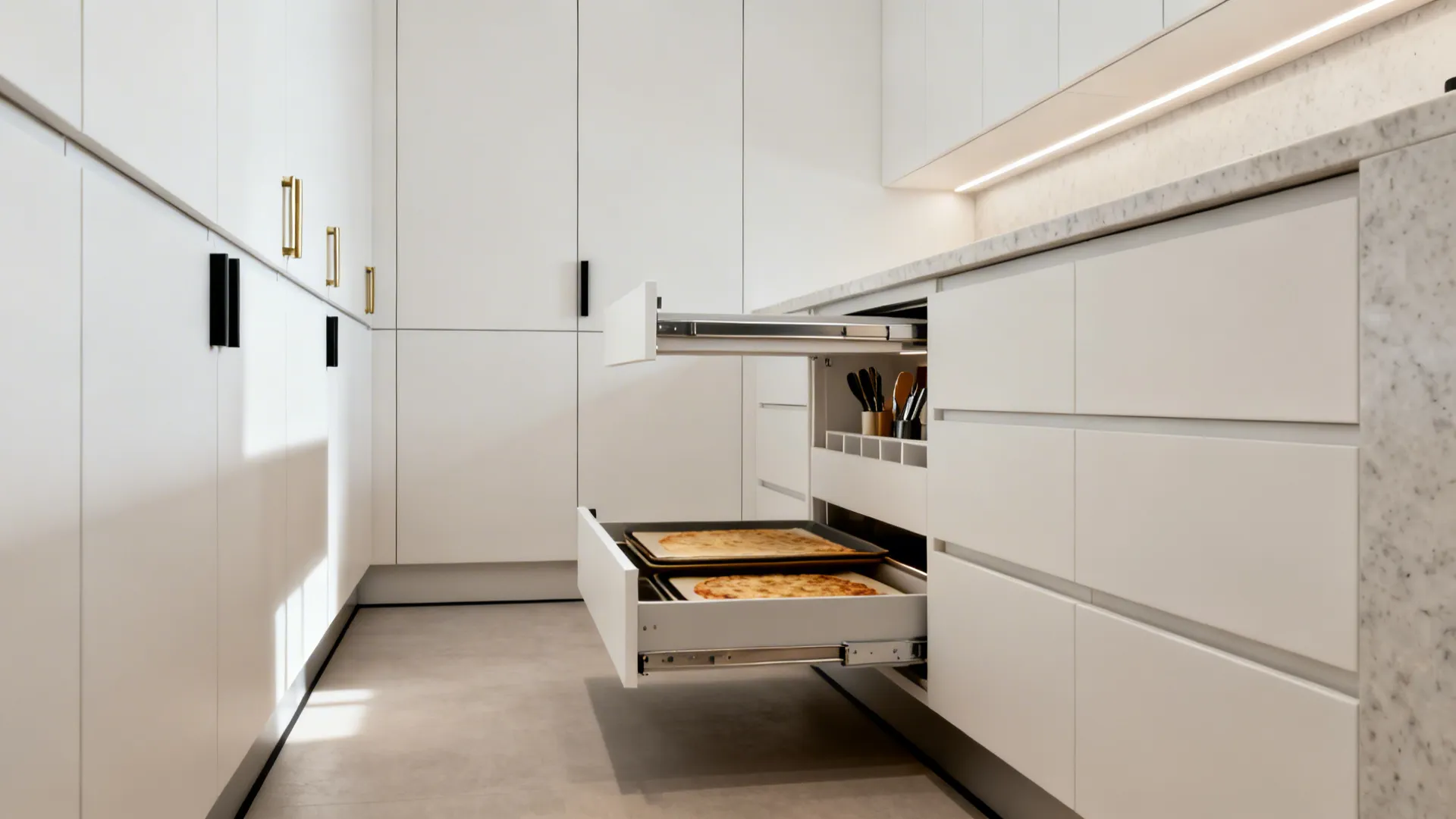 Minimalist galley kitchen with slab-front cabinets, toe-kick drawer, and concealed rail storage.