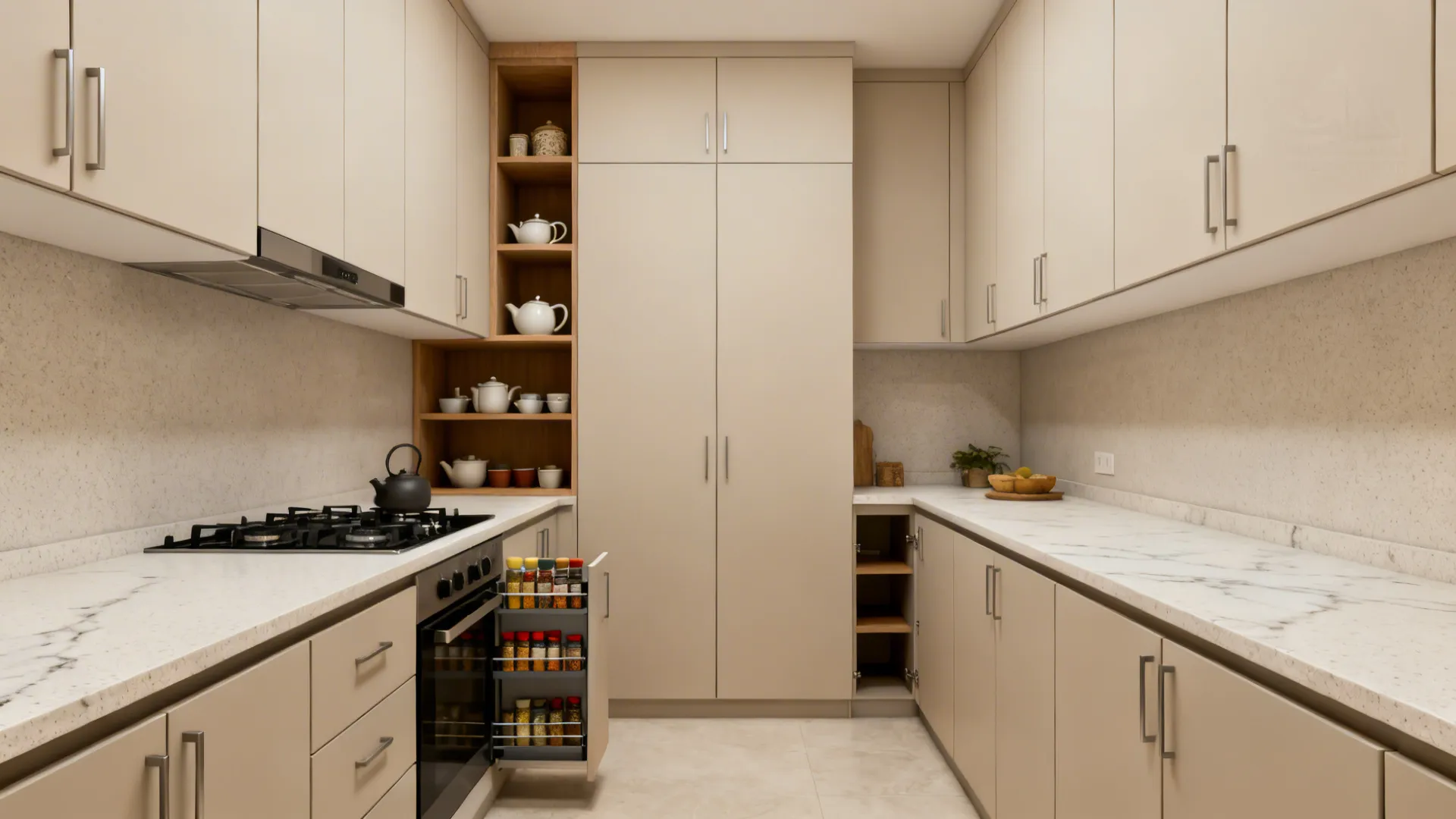 Minimalist galley storage with flat-panel cabinets and slim spice pull-out beside the cooktop.