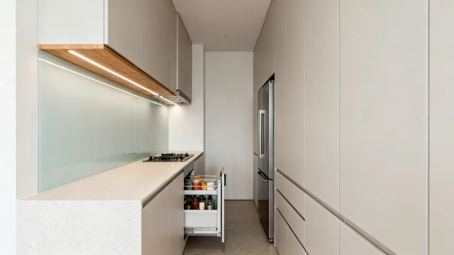 Slim full-height pantry towers and glass backsplash brighten a minimal small galley kitchen.