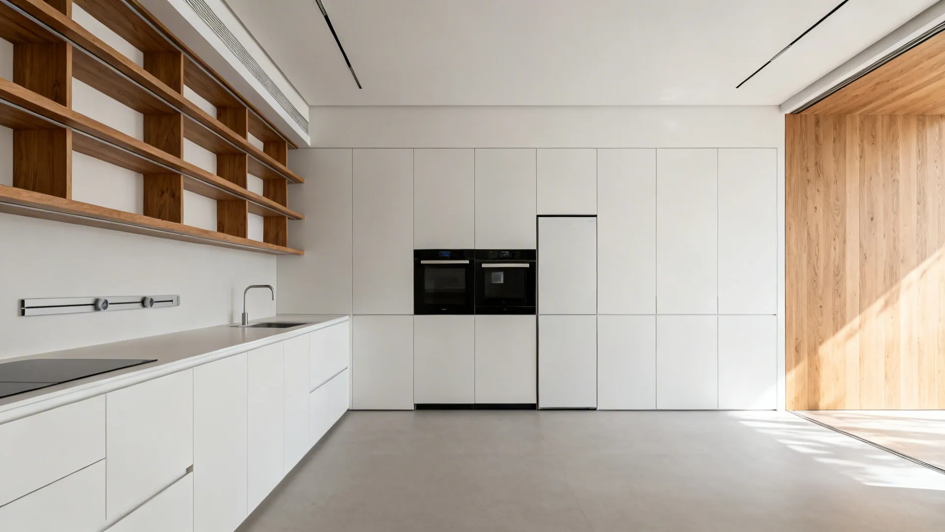 Slim handleless cabinets and open shelves create a clean, spacious feel in a 2.1m galley kitchen.