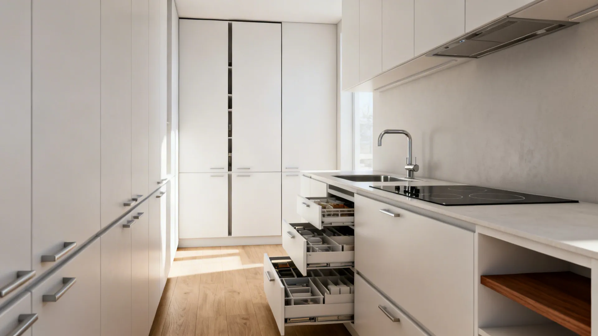 Minimalist galley kitchen with a tall pantry and slim drawer organizers in soft daylight.