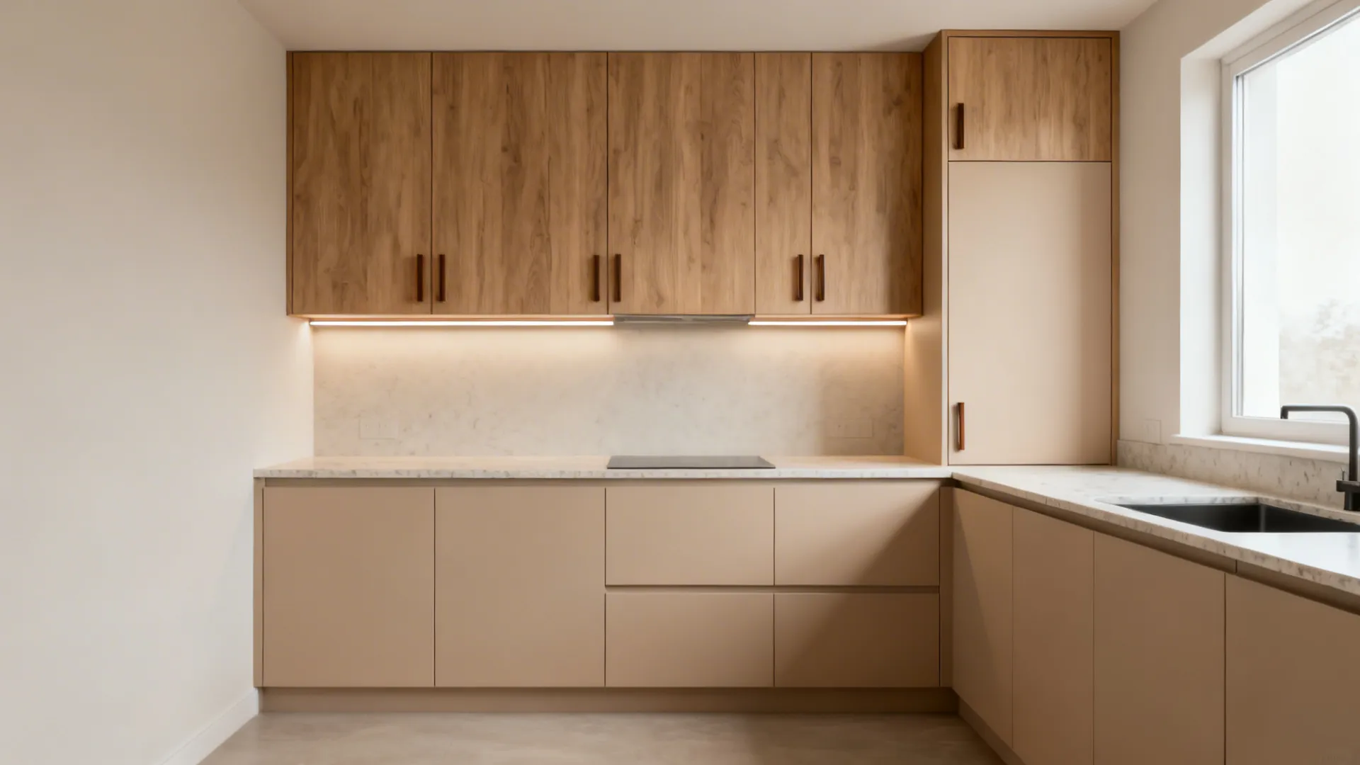 Modern kitchen with wood upper cabinets beige lower drawers marble backsplash and sink near window