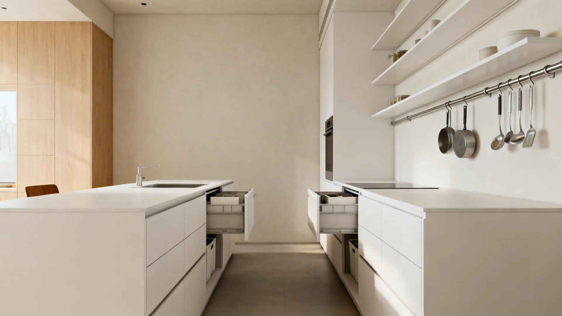 Minimalist small galley kitchen with slim pull-outs, rail system, and uncluttered white fronts.