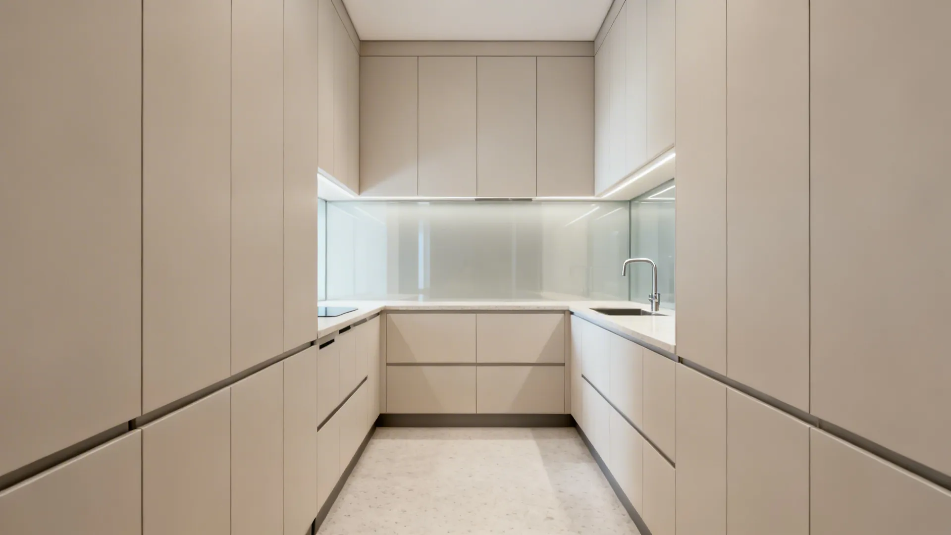 Minimalist parallel kitchen with aligned slab cabinets and semi-matte finishes.