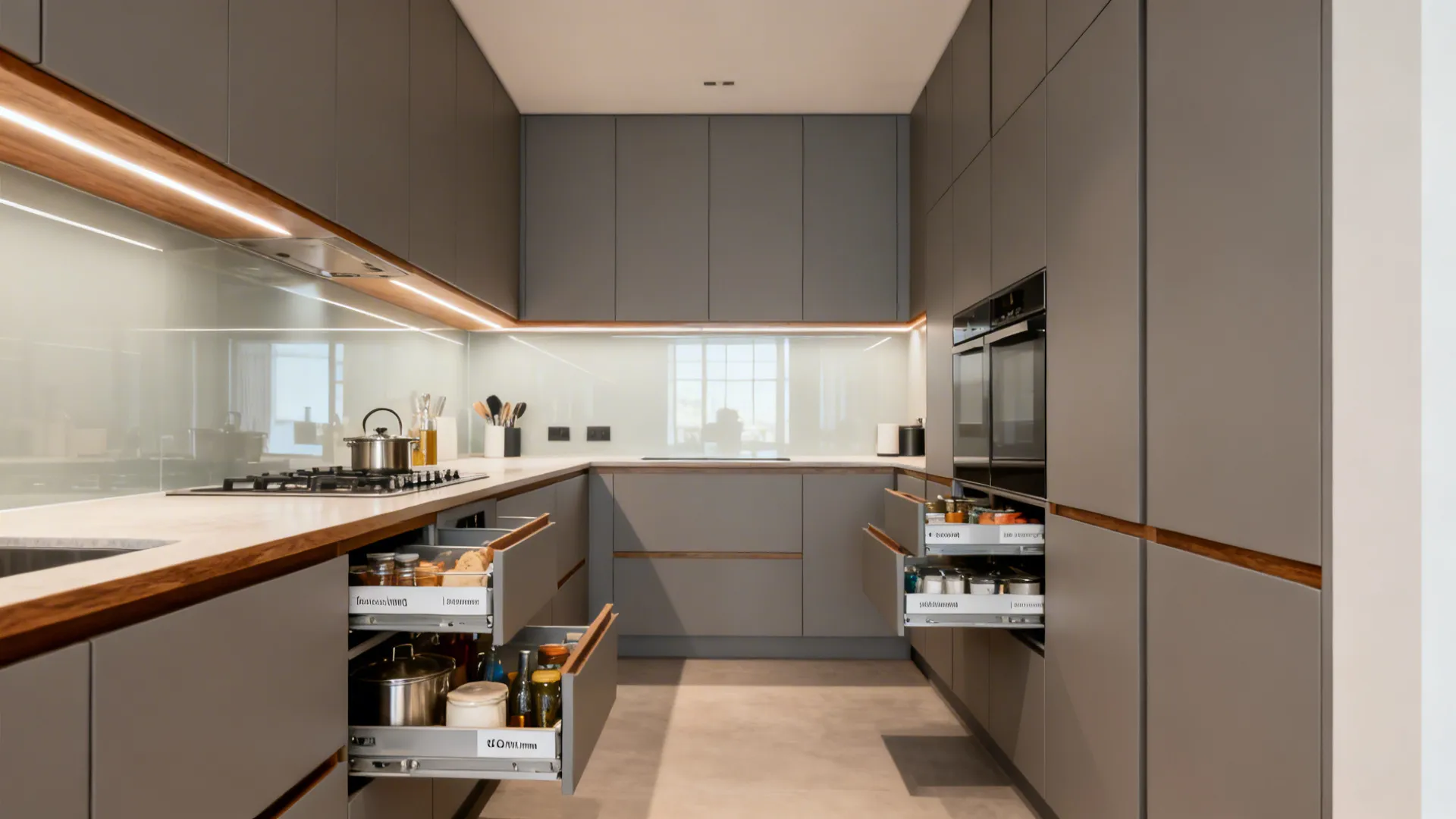 Minimalist galley kitchen with slim full-height pantry pull-outs and quiet continuous counters.