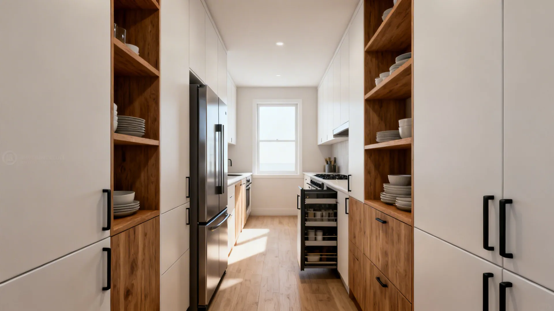 Narrow galley kitchen with frameless uppers, open oak shelves, and a slim pull-out pantry