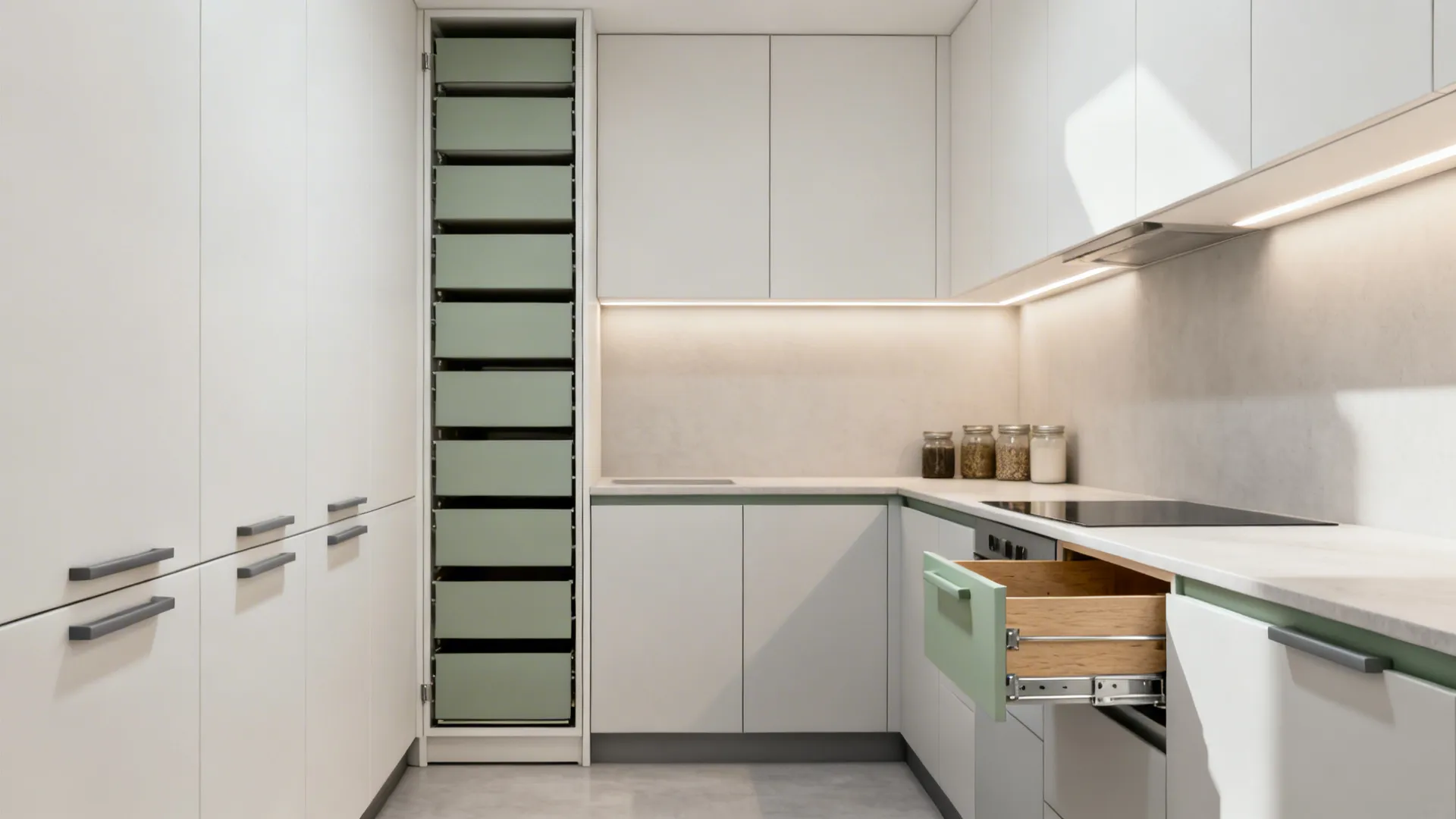 Minimalist small galley kitchen with tall pullout pantry, reduced uppers, and warm under-cabinet LEDs.
