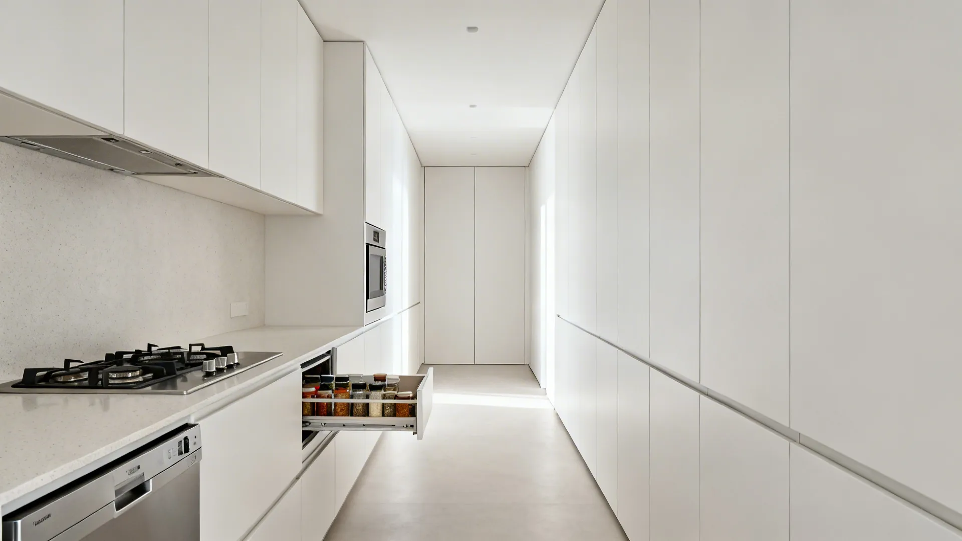 Handleless white cabinets and hidden appliances create a calm, clutter-free galley kitchen.