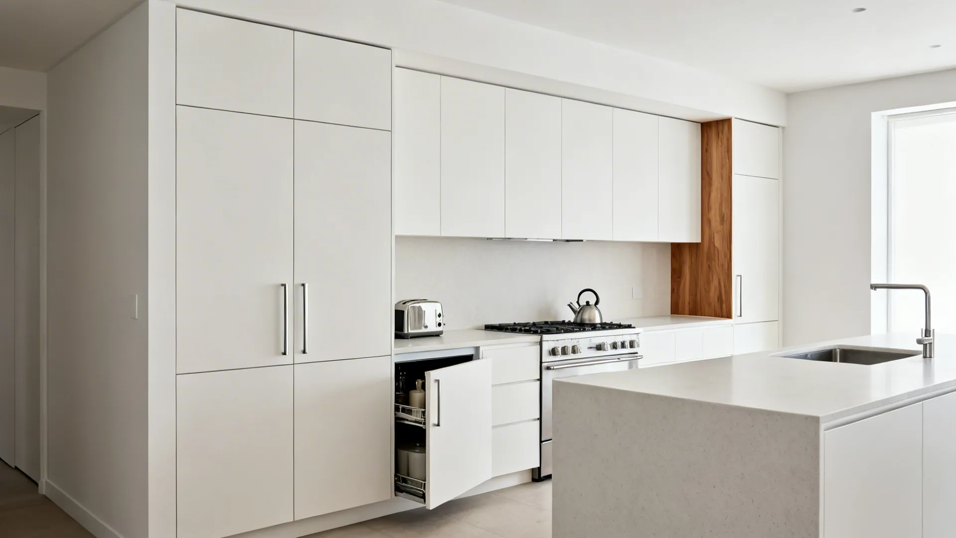 Modern white kitchen with island stove kettle toaster and pull out cabinet for storage space