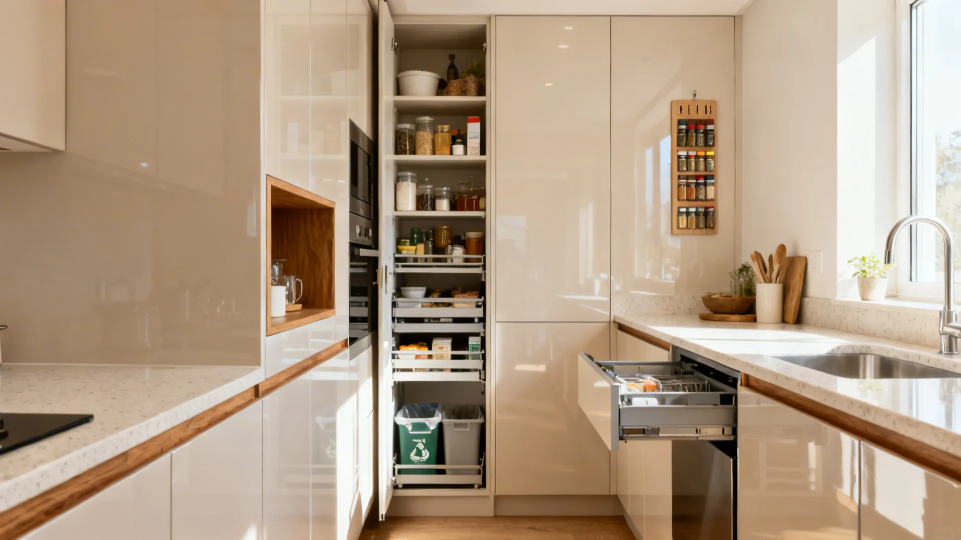 Minimalist galley with handle-less cabinets, tall pull-out pantry, and one open niche