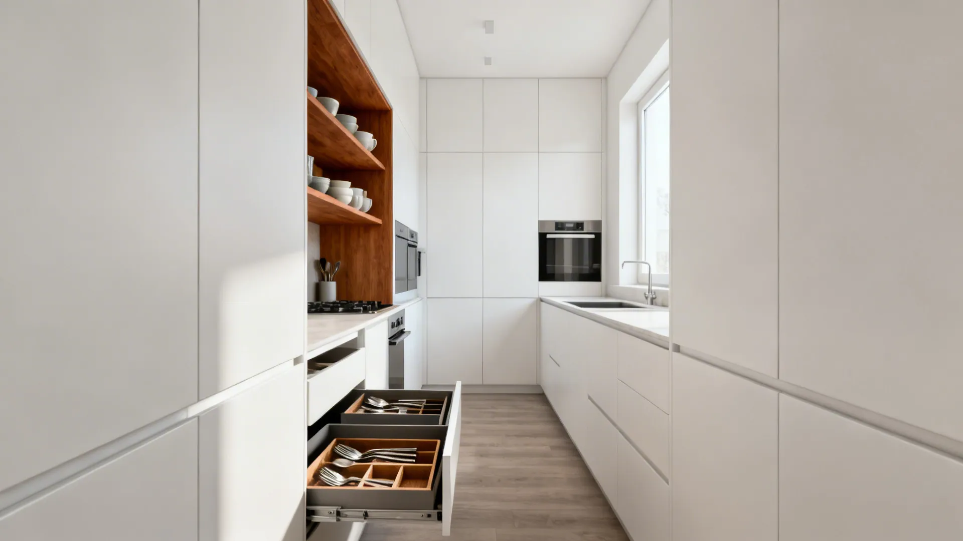 Minimalist galley kitchen with handle-less white cabinets and a single wood open shelf.