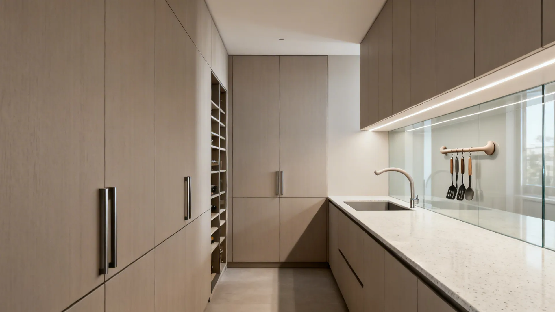 Minimalist galley kitchen with flat-panel cabinets, rail, and glass backsplash in soft daylight.