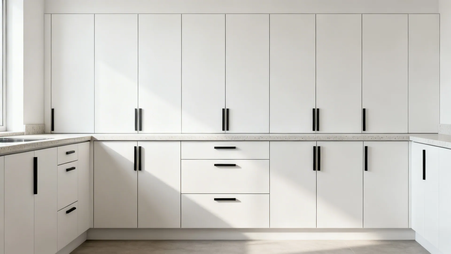 Aligned cabinet doors and drawers forming a precise minimal storage grid in a small kitchen.