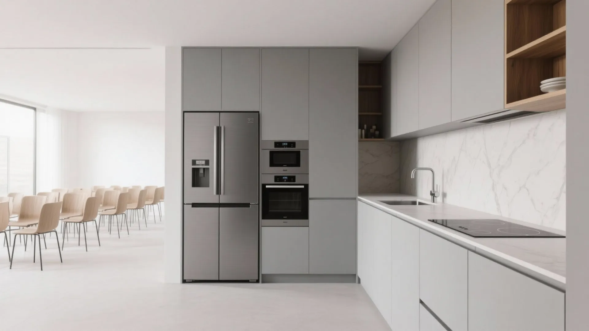 Minimal kitchen storage in an open hall