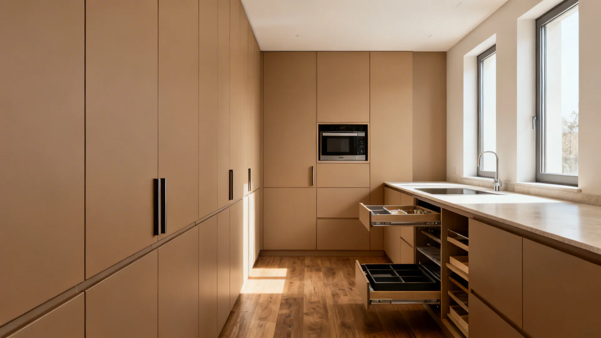 Minimalist open kitchen with full-height slab cabinets and hidden appliances in a narrow hall.