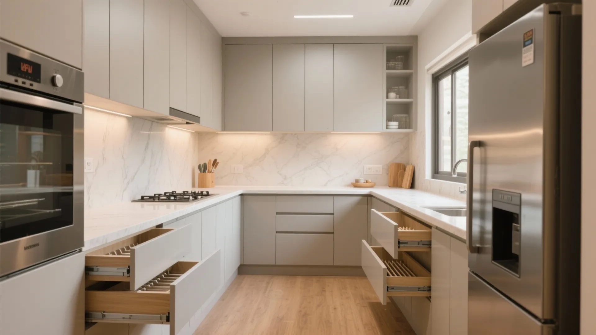 Minimalist Kitchen Storage with Hidden Lines