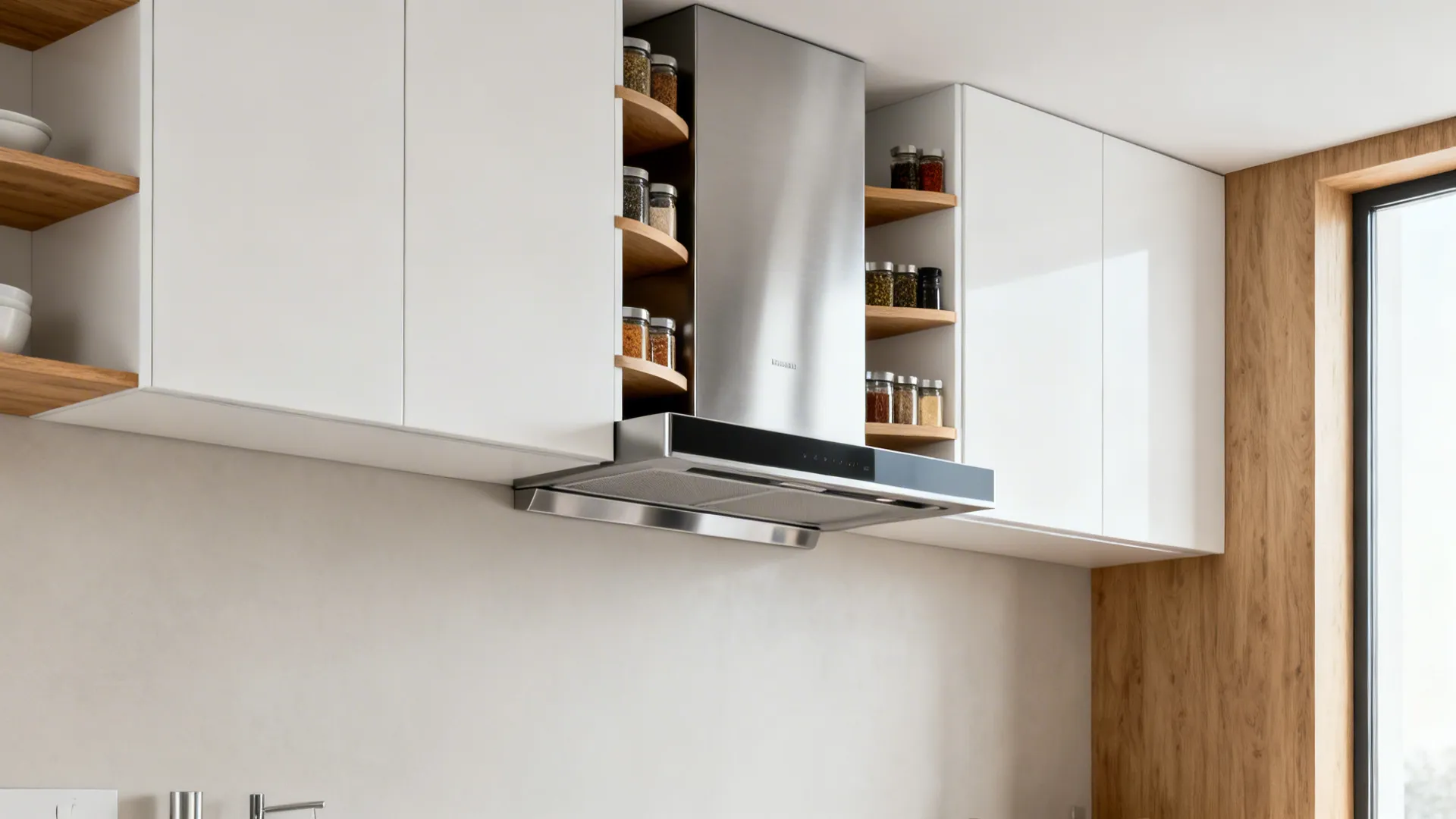 Flush electric chimney with slim cabinets and open spice shelves in a minimalist kitchen.