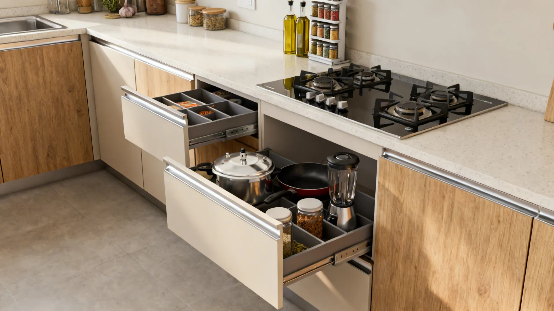 Minimalist Indian kitchen with deep drawers and a slim spice pull-out near the hob.