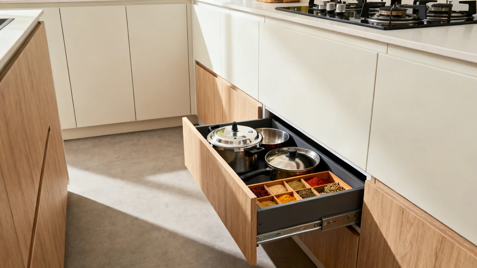 Minimalist Indian galley kitchen with handleless cabinets and deep drawers for kadhais and spices.