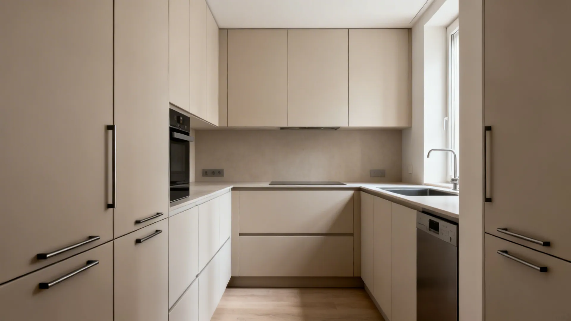 Minimalist kitchen with flat-panel cabinets in neutral tones and clear, uncluttered storage.