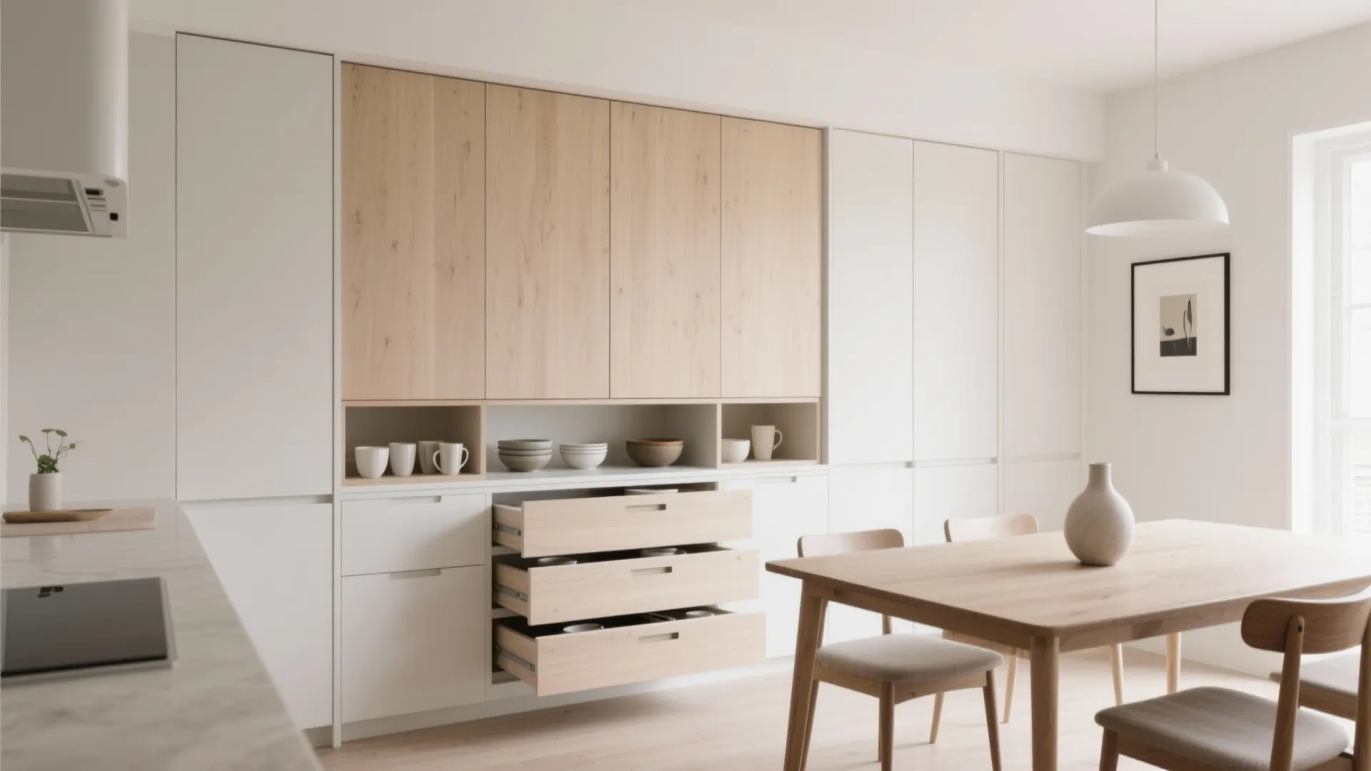 Minimalist Storage Flow in a Kitchen-Diner