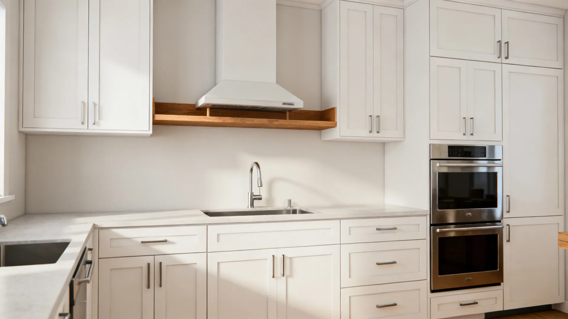 Full-height minimalist white cabinets with an oak rail and clear counters in a small kitchen.
