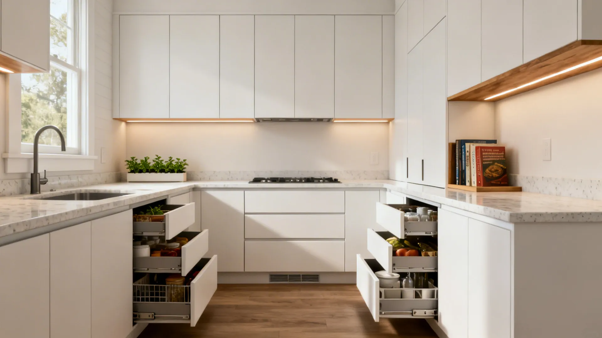 Minimalist kitchen with deep drawers, pantry pull-out, and clear countertops.