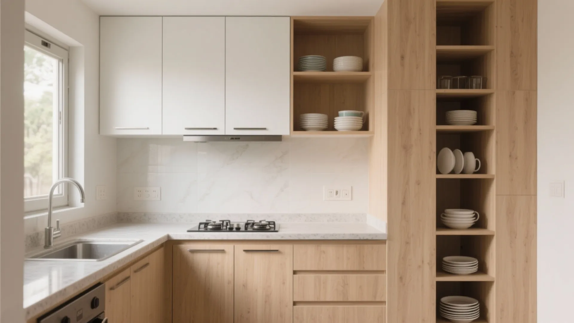 Modern kitchen with white upper cabinets wood lower cabinets marble countertop gas stove and open shelving