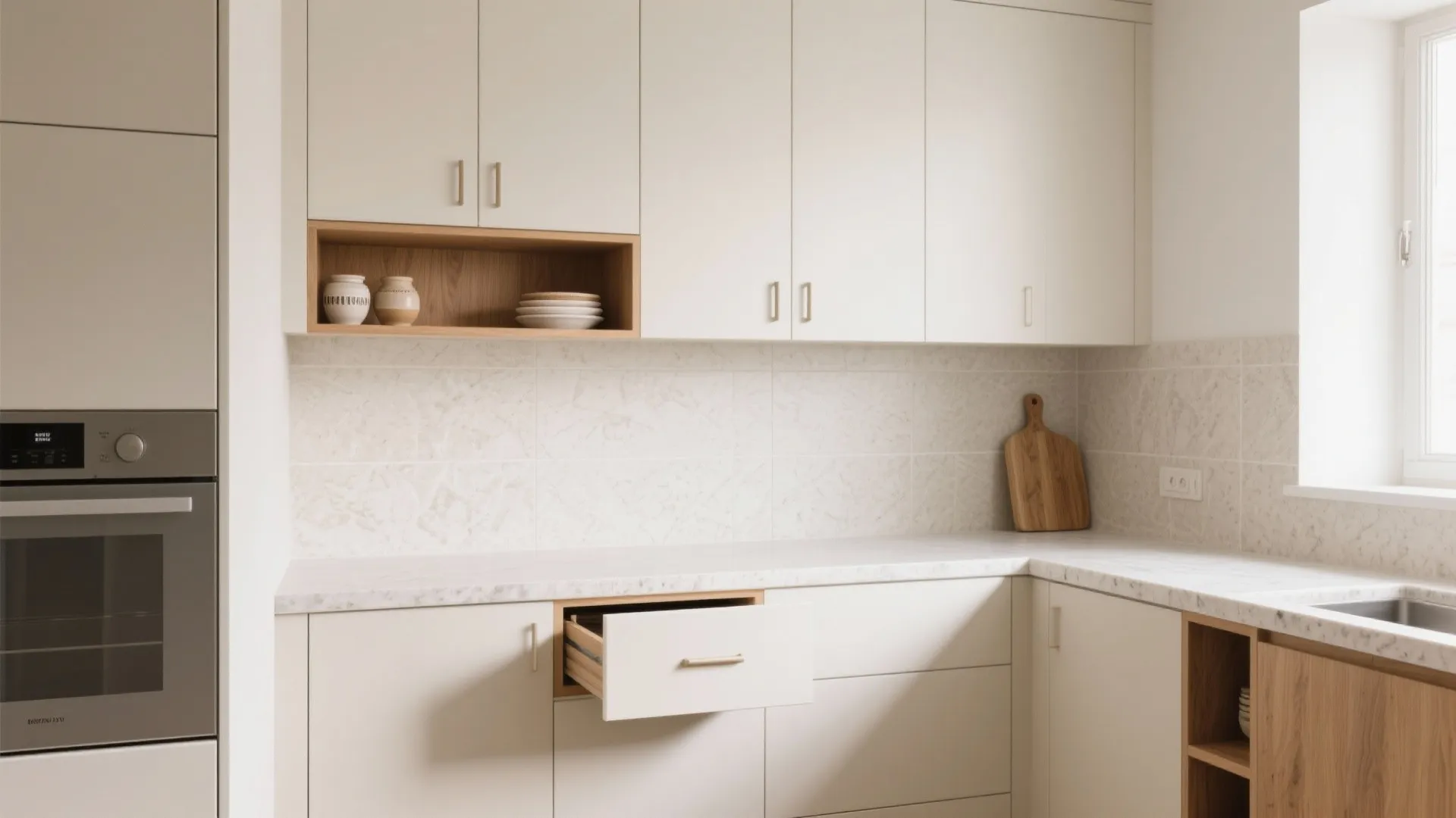Modern kitchen interior with white cabinets marble backsplash open drawer and built in silver oven unit