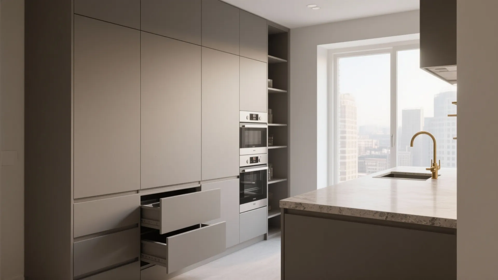 Minimalist kitchen storage for an east-facing 3 BHK