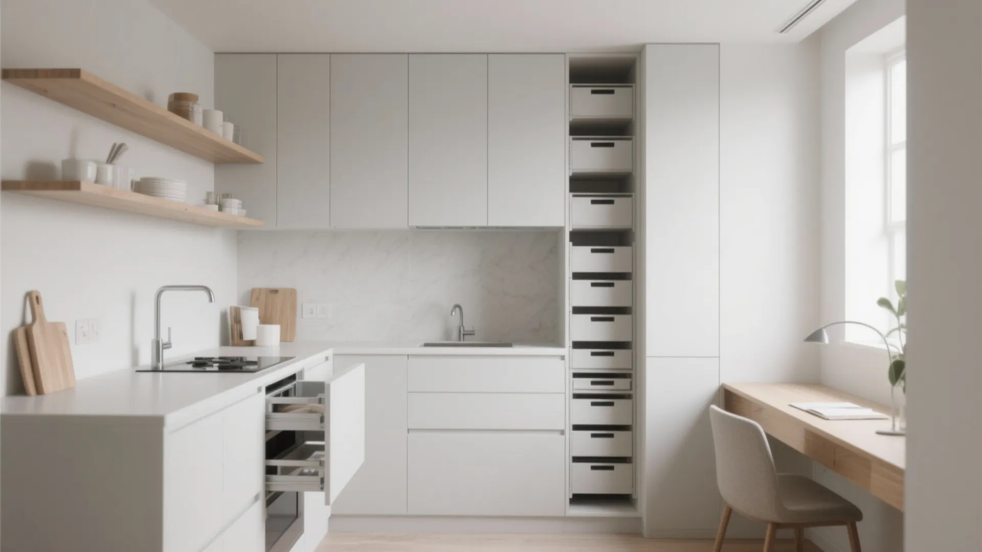 Minimalist white kitchen with open wood shelves tall storage cabinet pull out drawers and desk