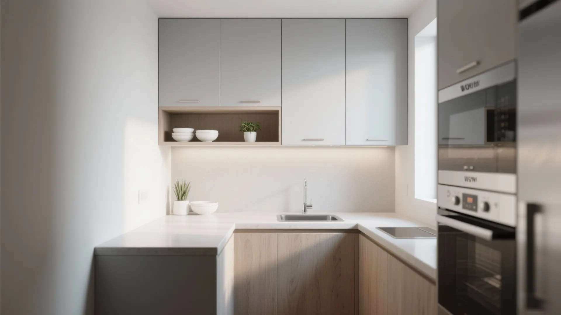 Small minimalist kitchen with grey upper cabinets wood base units white countertop and built in oven