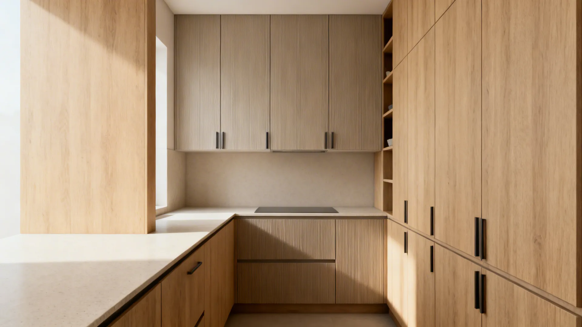 Minimalist small kitchen with full-height slab cabinets and integrated pulls in light oak.