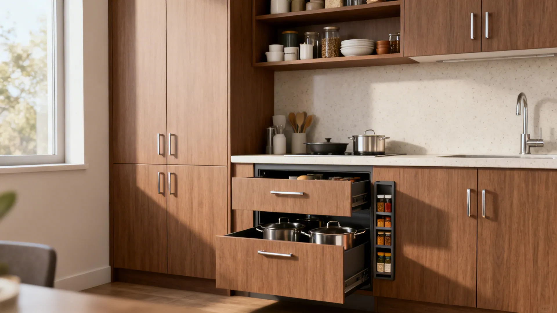 Minimalist kitchen storage with deep drawers, two upper cabinets, and an open shelf.