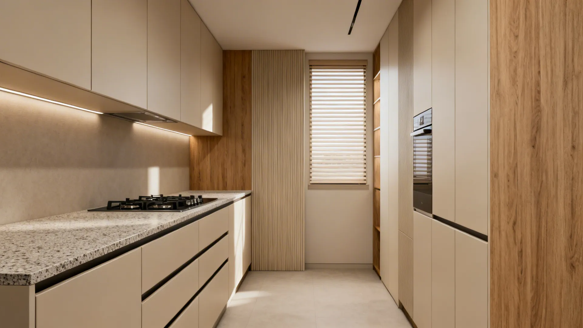 Minimalist straight kitchen with handleless drawers and limited uppers for a clean look.